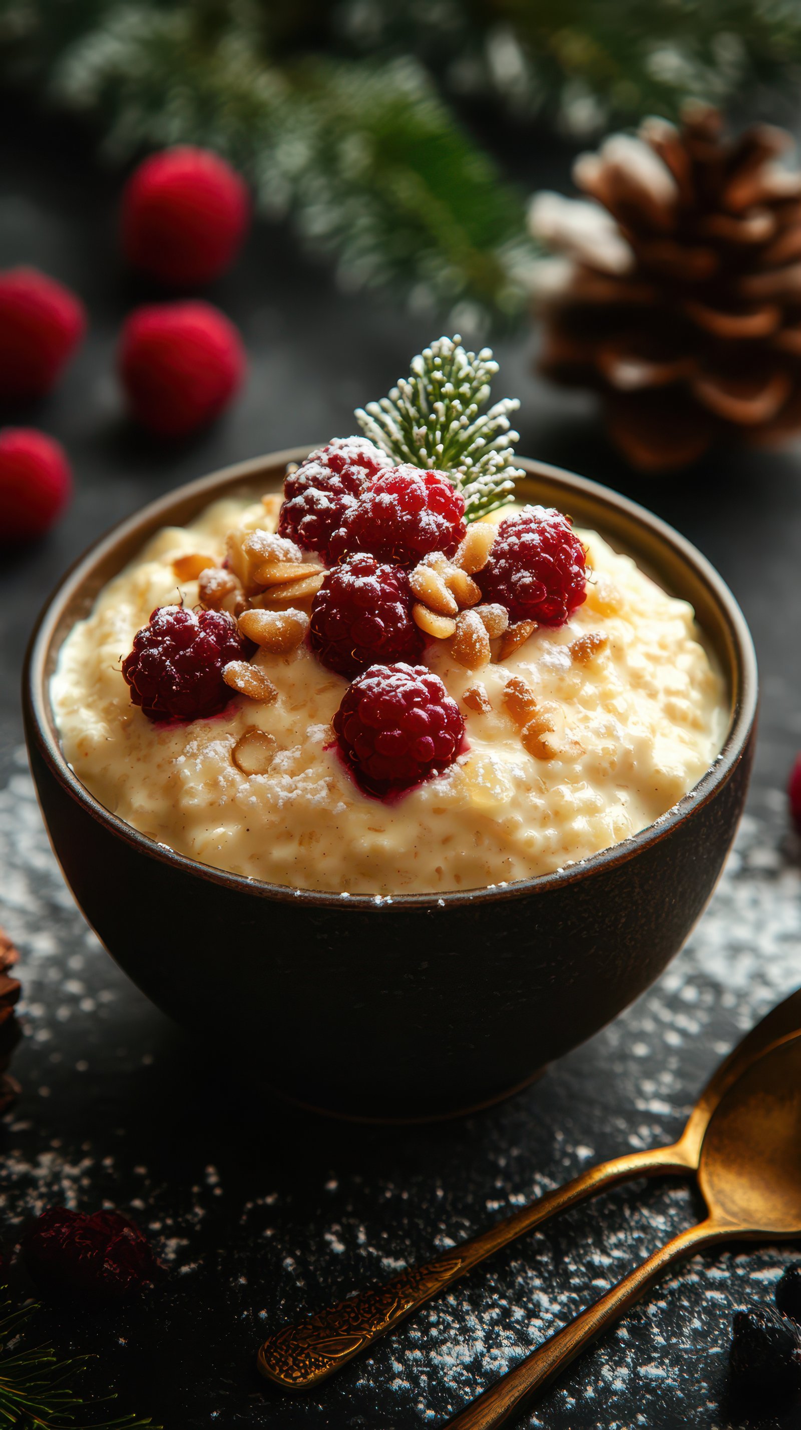 Creamy oatmeal topped with fresh raspberries and pine nuts in a cozy setting for a festive breakfast